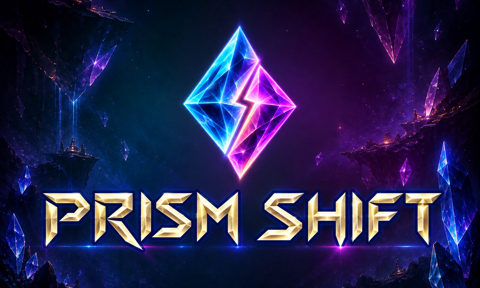 Prism Shift key art: a cyan and magenta crystal split by a lightning bolt, above the gold Prism Shift title, set in a violet crystal cavern.